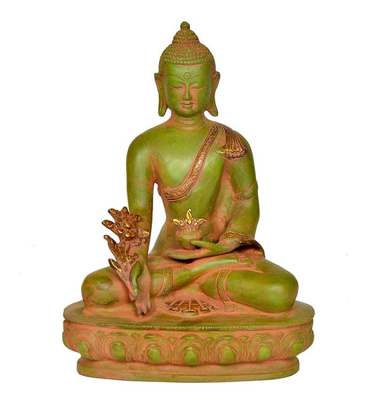 Brass Buddha Statue Bhumisparsha Pose (Green) (Height: 9 Inches)