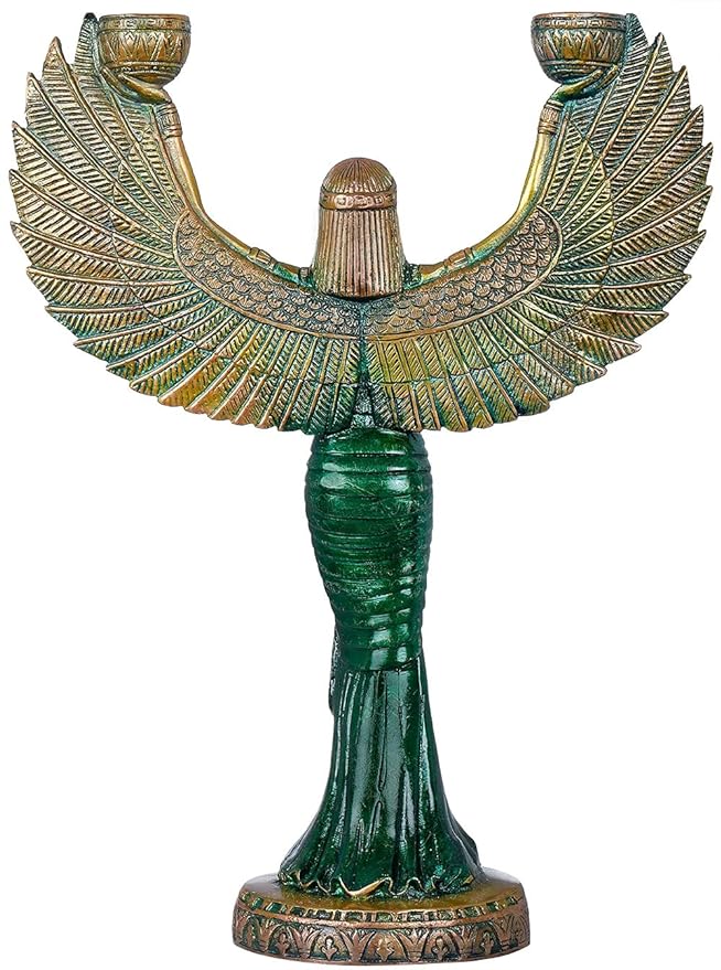 Brass Egyptian Goddess ISIS with candle holder (Height: 12inches) Green
