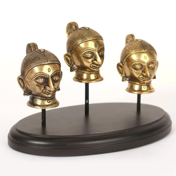 Brass Gauri (Parvati) Heads Idol on Wooden Base – Decorative Statue for Home, Office & Mandir (Height:9 Inches) Study Setting