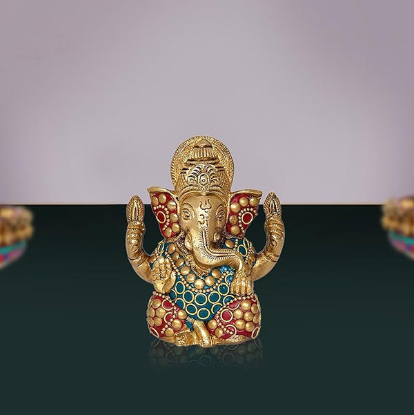 Brass Small Lord Ganesha Religious Statue (Height: 4 Inches) Mandir Setting