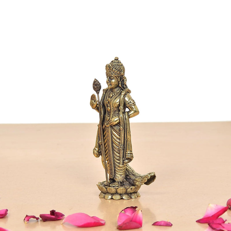 Bronze Standing Lord Kartikeya with Peacock Murugan Murti (Height 4.5 Inch)