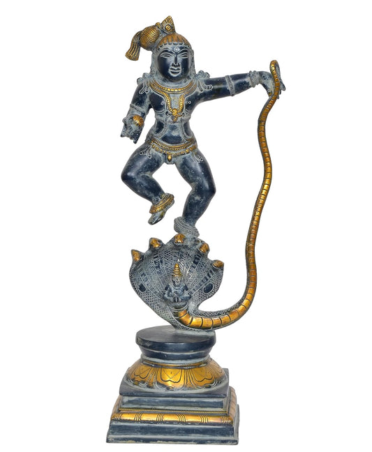 Brass Krishna Bhagwan Murti on Kaliya Naag Statue (Height 18.5 Inch)