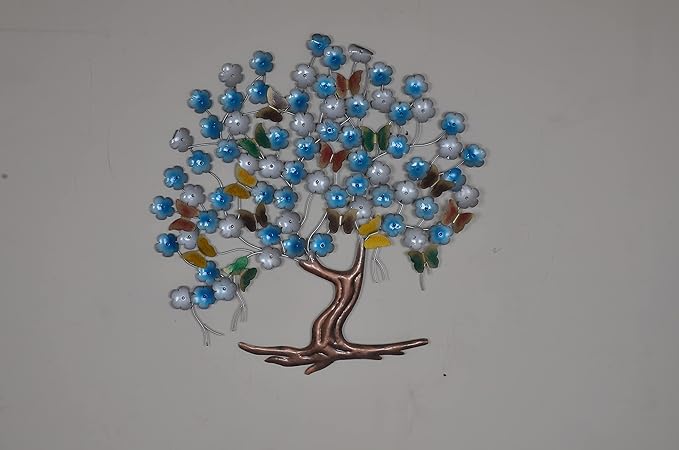 Iron Blossom Spring Blue Tree With Butterfly Wall Hanging (Height: 33 Inches)