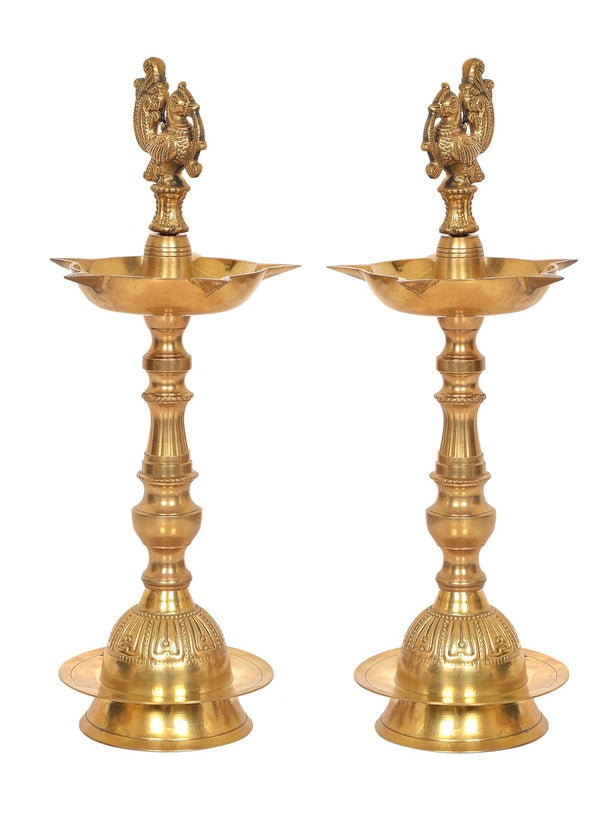 Brass Peacock Oil Lamp Diya Stand for Decor Set of 2 (Height: 13 Inch) Study Setting