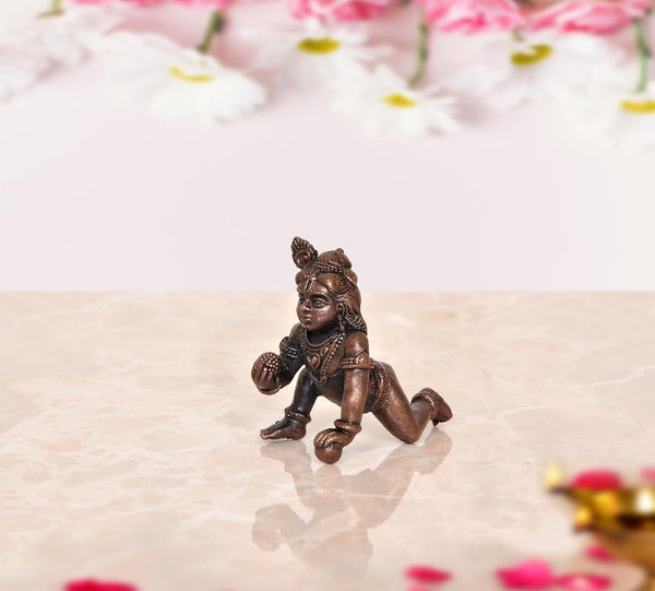 Copper Lord Bal Gopal Krishna Laddu Gopal Idol Statue | Pooja Home Decor Mandir | (Height 2 Inch) Mandir Setting