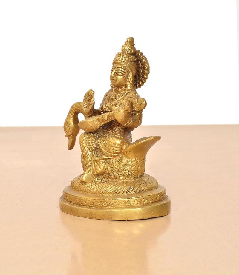 Brass Maa Goddess Saraswati Seated on Hans Idol (Height 5 Inch)