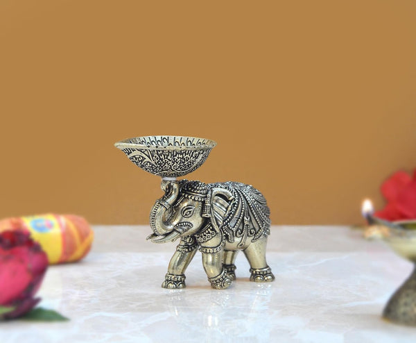 Superfine Brass Elephant Oil Lamp Diya for Home Pooja Antique Items Gift Items Deepam Diwali Home and Office Decor (Height: 2.5 Inch) Study Setting