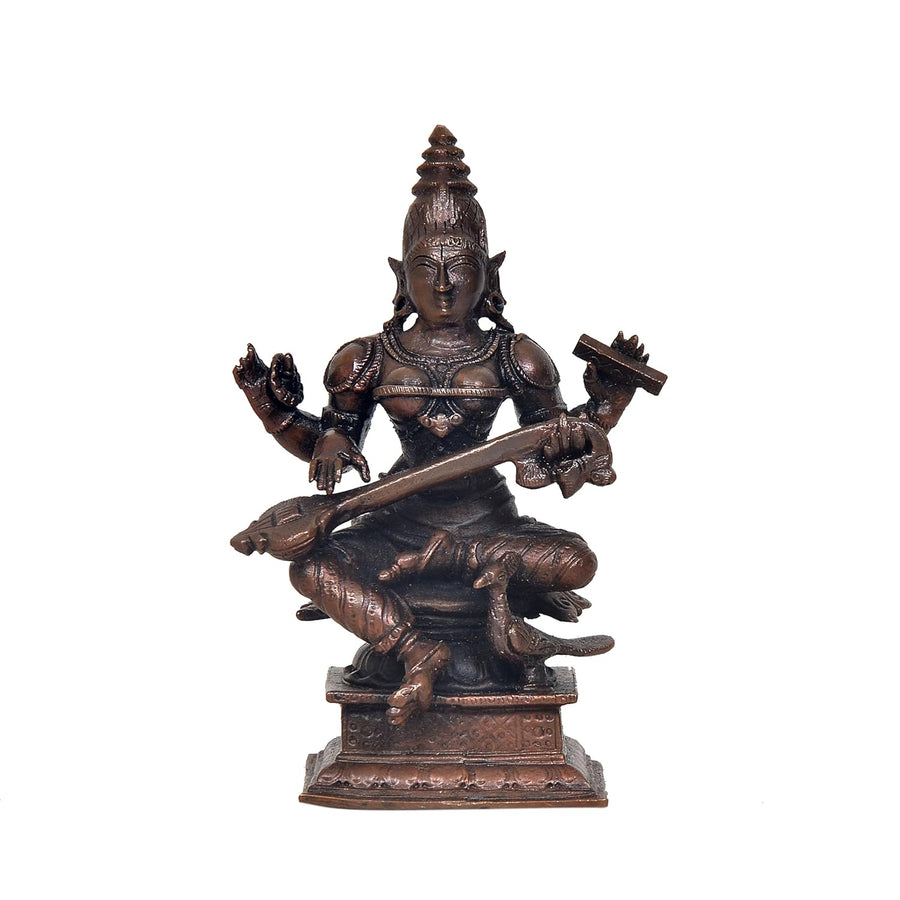 Copper Goddess Maa Saraswati Suited for School Bag (Height:4.5 Inch) Craft Detail