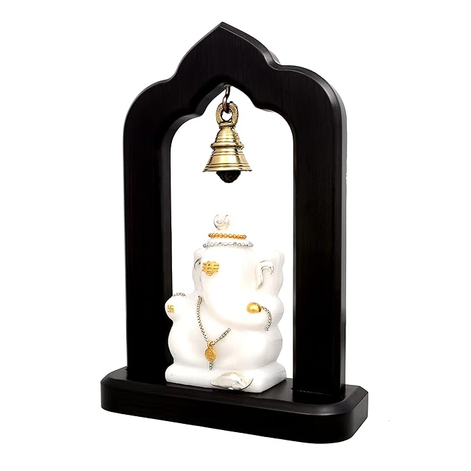 Marble Lord Ganesha Idol Statue with Brass Hanging Bells Wooden Base Ganesha Idols for Home Living Room Office Decor Gifts Height 9 Inch Craft Detail