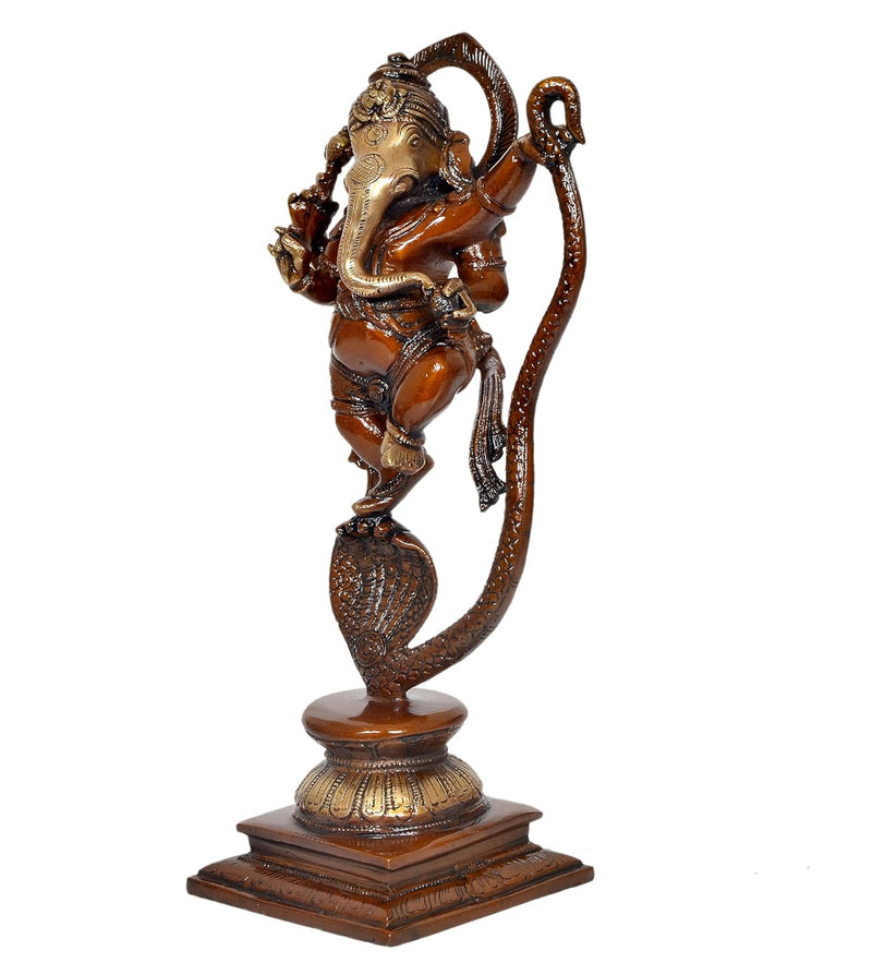 Brass Lord Ganesha Dancing on Serpent Shesha - Hindu Deity Idol for Puja and Gifts (Height 11.5 Inch)