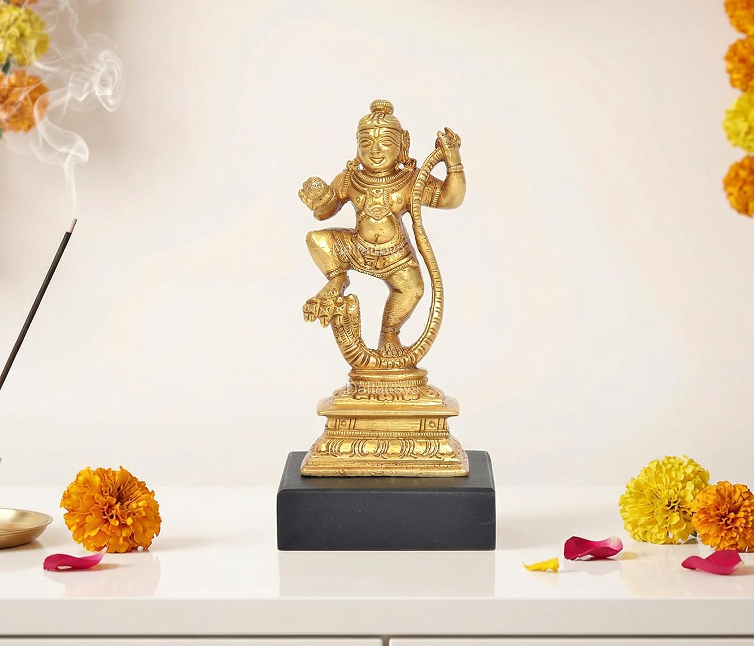 AONA Brass Dancing Bal Krishna with Laddu on Kaliya Naag Religious Statue