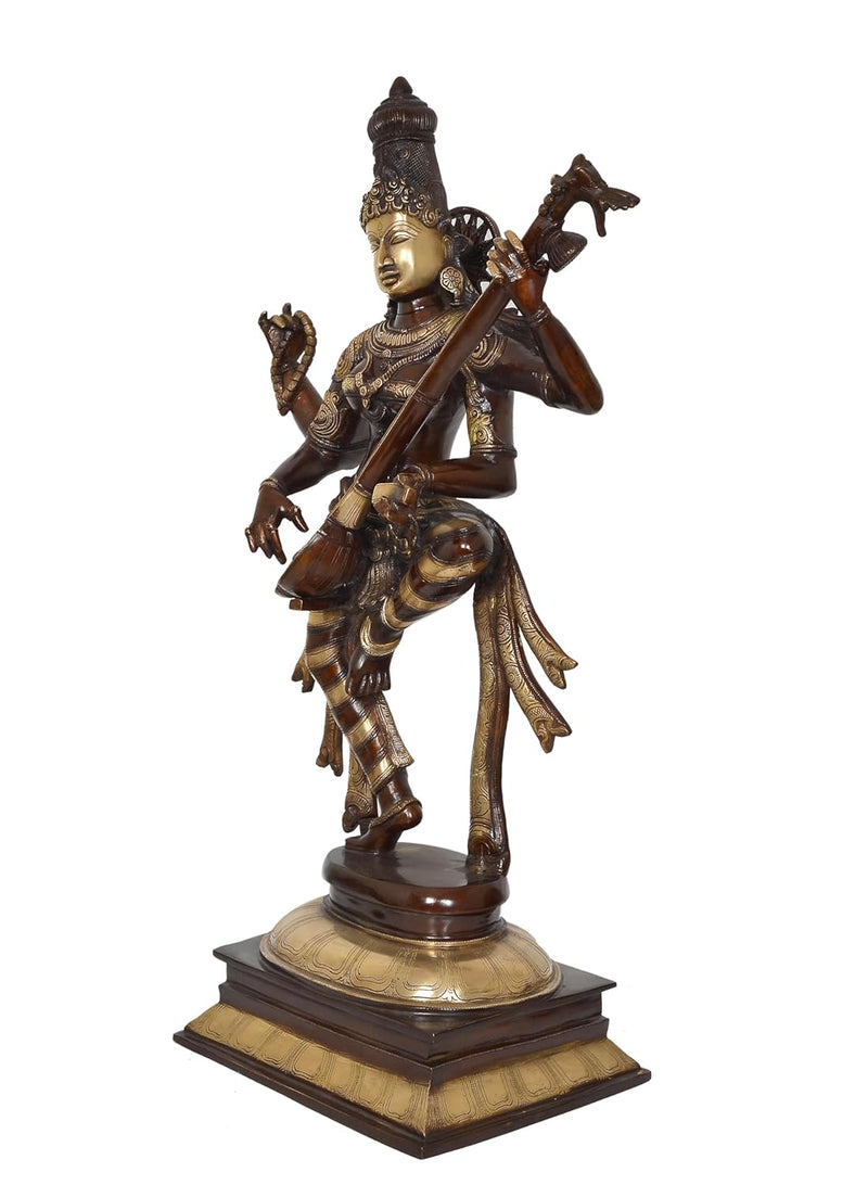 Brass Maa Standing Saraswati Handcrafted Statue Playing Sitar (Height 32 Inch)