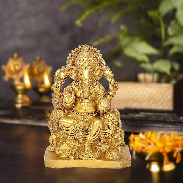 Brass Ganesha Idol Statue On Base Giving Blessings for Home Decor Temple | Height : 6 inches Mandir Setting