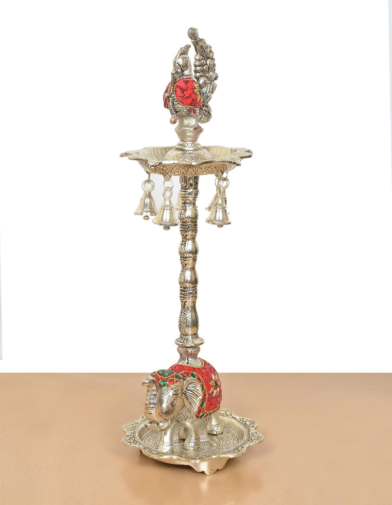 Metal Silver Peacock Oil Lamp Diya Stand (Height: 19 Inch)