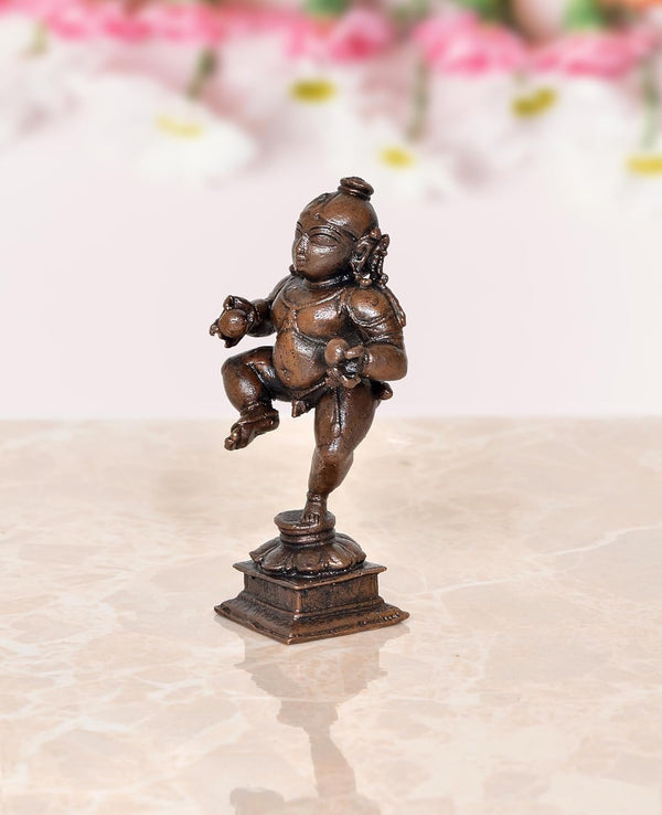 Copper Dancing Bal Krishna with Laddu Statue (Height 3.5 Inch) Study Setting