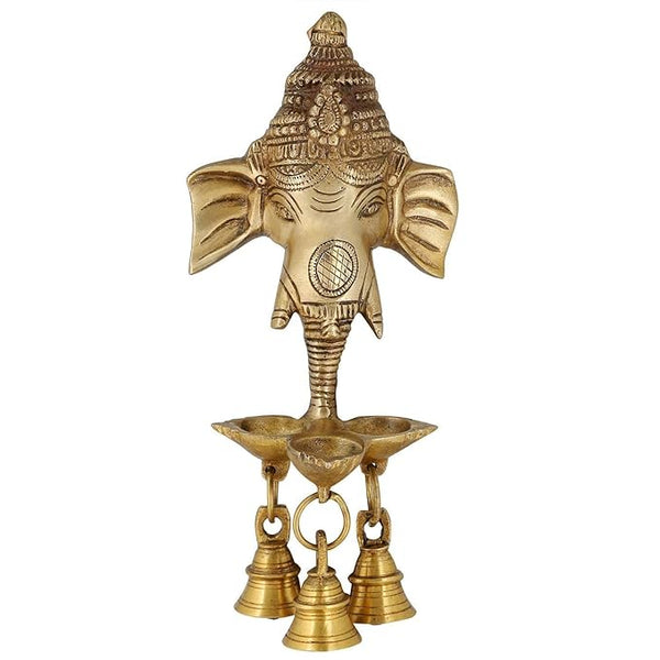 Brass Gansha Wall Hanging Puja Idol with Diyas and Bells 9.5 inch | Home Decor. Mandir Setting