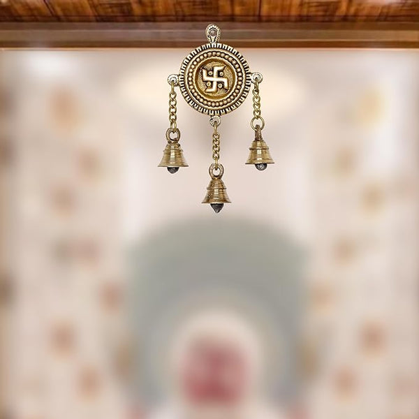 Brass Swastik Door Hanging with Bells - Traditional Home Decor | Auspicious Swastika Wall Hanging | Spiritual Decorative Bells for Prosperity and Protection (Height : 7 Inches) Mandir Setting
