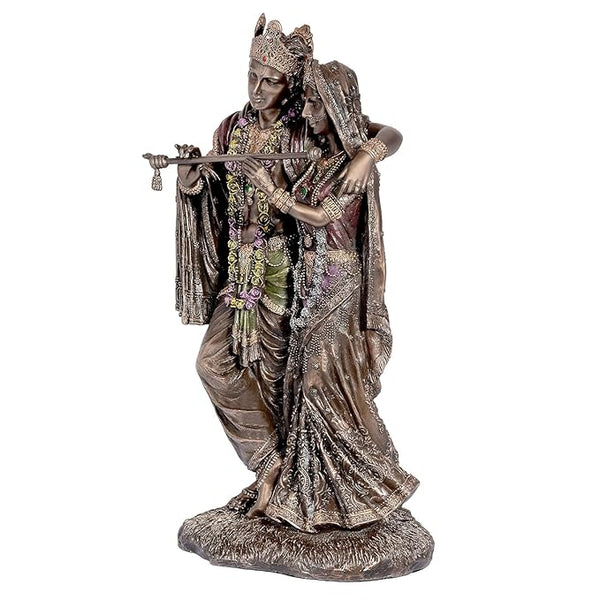 Large Radha Krishna Bonded Bronze Idol Statue Brown Height 12 inches Entryway Setting