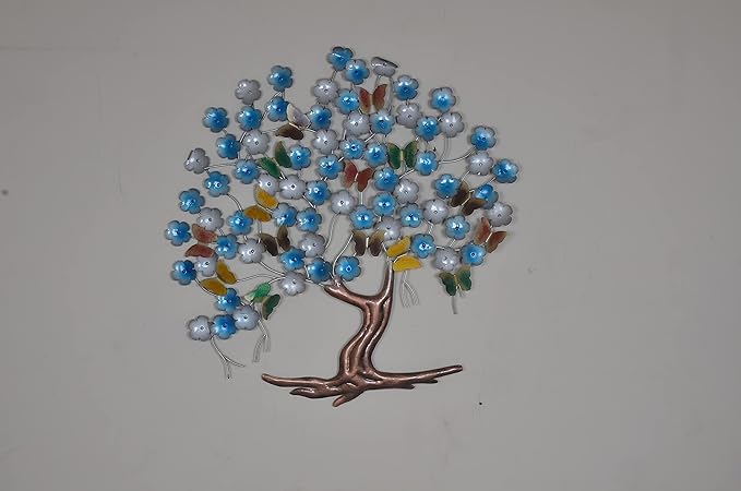 Iron Blossom Spring Blue Tree With Butterfly Wall Hanging (Height: 33 Inches)