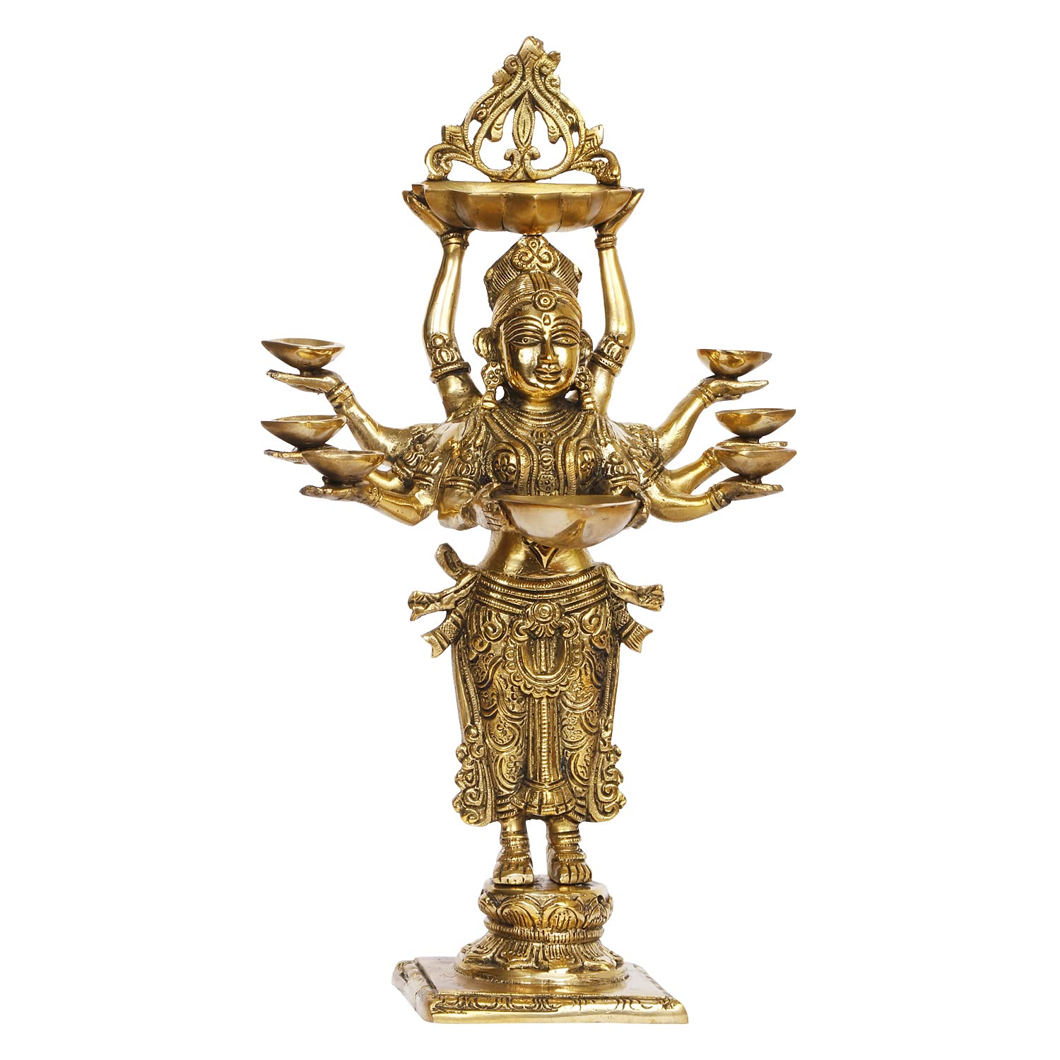 AONA Brass Standing Lady with Eight Diya Gold Color