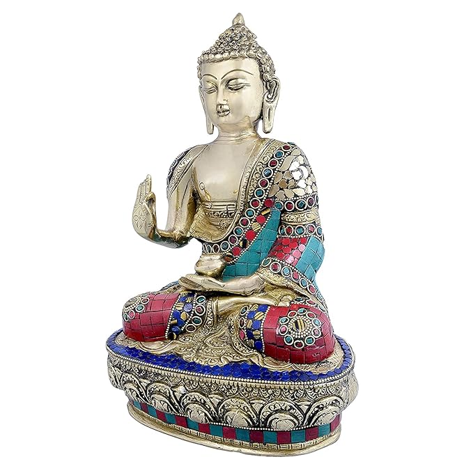 Brass Buddha Statue in Abhaya Mudra (Height: 9.8 Inches)
