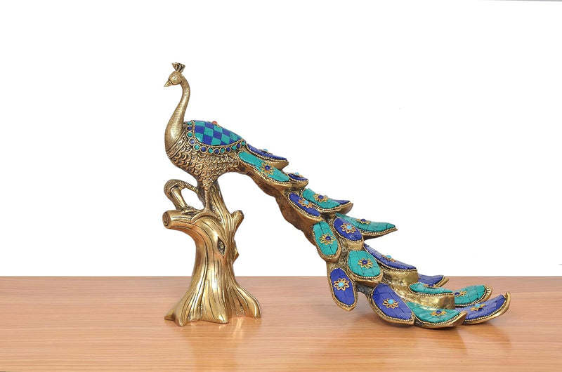 Brass Peacock with Stonework Showpiece (Height: 9 inch)