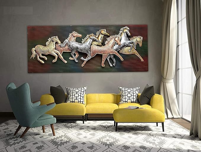 Iron 7 Seven Running Horses Framed Base For Good Luck (Height: 24 Inches)