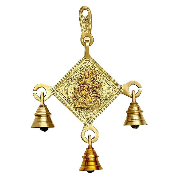 Brass Saraswati Wall Hanging with Bells Wall Hanging (Height: 8 Inches) Mandir Setting