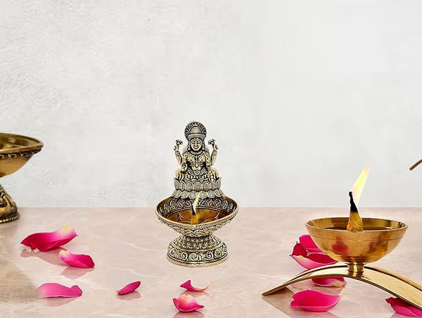 Fine Brass Lakshmi Laxmi Diya Oil Lamp for Diwali Pooja Gift Decoration Showpiece (Height 4 Inch) Mandir Setting