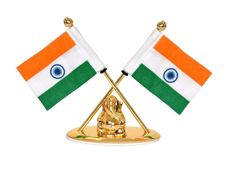 Metal Indian Flag With Ganesh for Car Dashboard (Height: 3.5 inch)