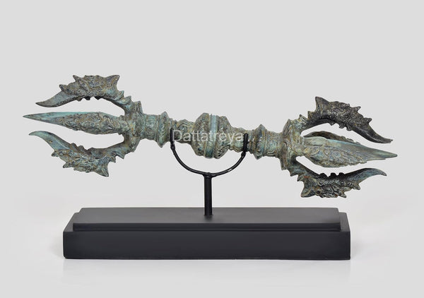 Vintage Indonesian Bronze Tibetan Buddhist Eight Pronged Small Dorje with wooden base (Height 7.5 inch) Mandir Setting