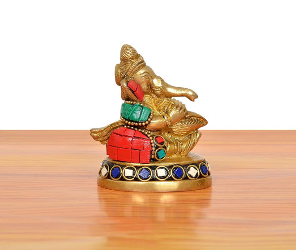 Brass Ganesha Statue Blowing The Conch Shell (Height 3 Inch) Study Setting