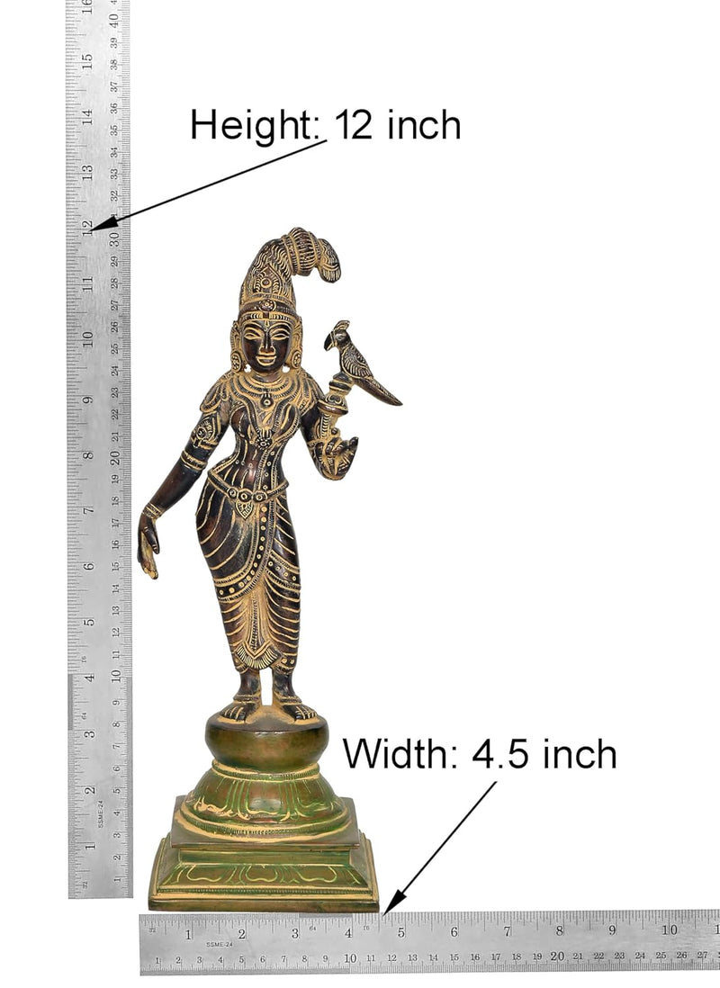 Brass Andal Devi with Parrot Statue Hindu Goddess Parvati Idol for Home Temple, Spiritual Decor, and Religious Gifts (Height: 12 Inch)