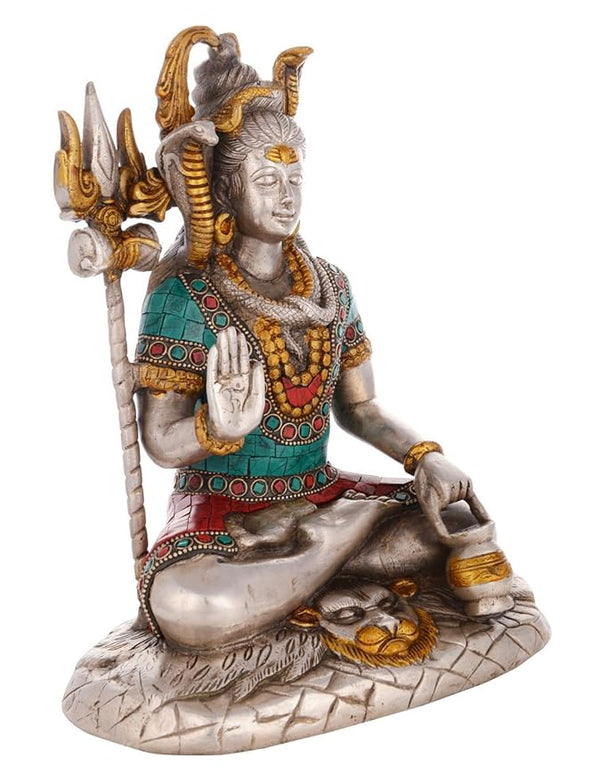 Brass Stonework Lord Shiva Shankar Sitting Idol (8.75" x 5.25" x 10" Inches) Study Setting
