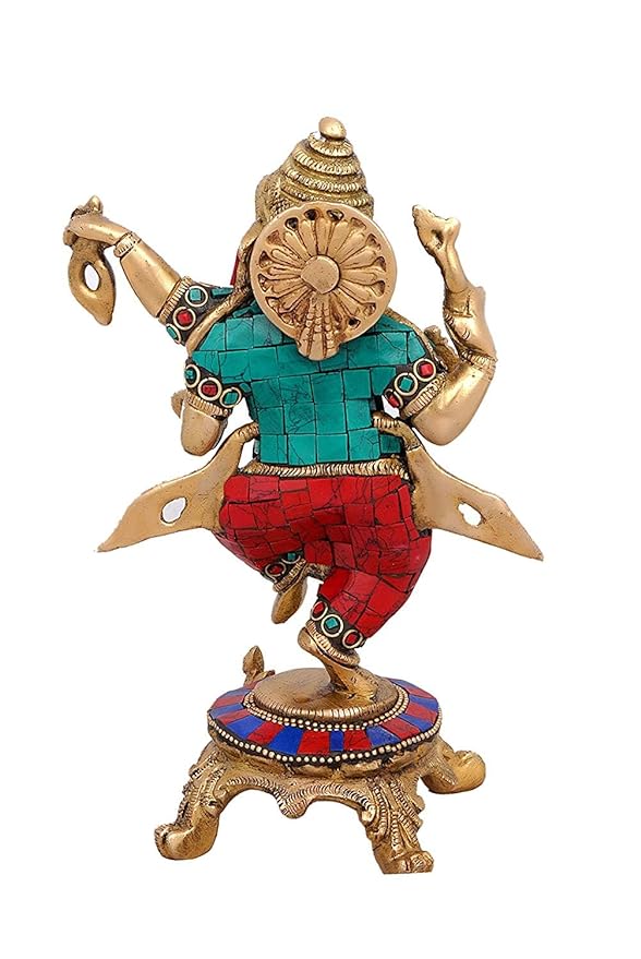 Brass Dancing Ganesha Idol Showpiece for Home Warming Good Luck Multicolour Height 8.2 Inches Study Setting