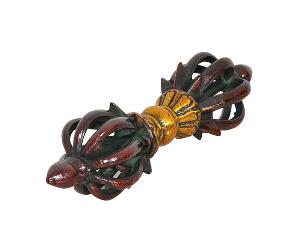 Brass Tibetan Buddhist Eight Pronged Small Dorje in Brass Handmade (Height: 7 inch) Study Setting