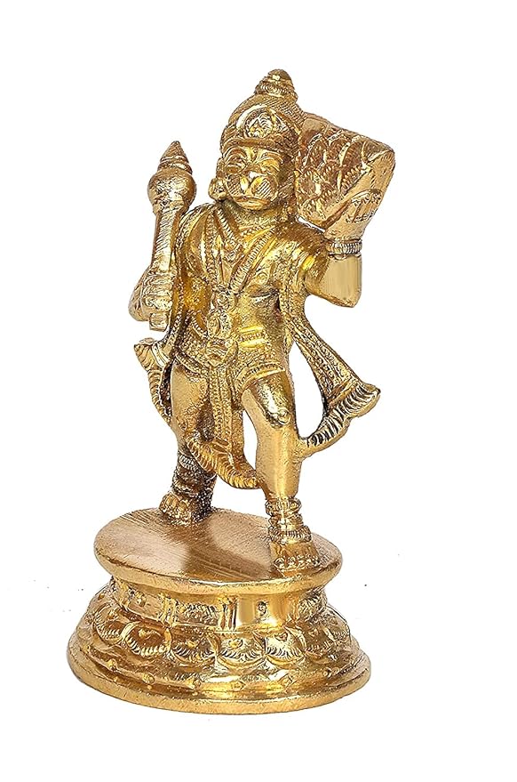 Brass Mahabali Hanuman with Sanjeevani Parvat Idol Height 4.5 Inches Study Setting