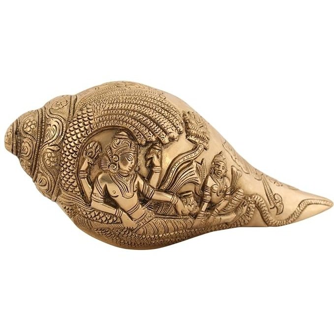 Brass Shankh with engraved Vishnu Laxmi (Height: 3")