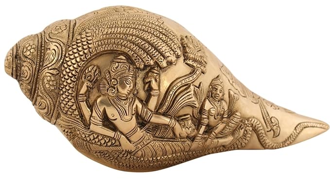 Brass Shankh with engraved Vishnu Laxmi (Height: 3")
