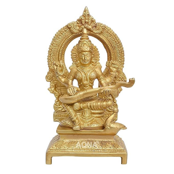 Ganesh Lakshmi and Saraswati Brass Idol Sculpture Murti Statue Golden Height 7 Inches Study Setting