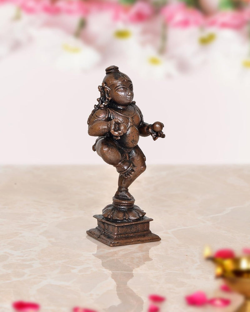 Copper Dancing Bal Krishna with Laddu Statue (Height 3.5 Inch)