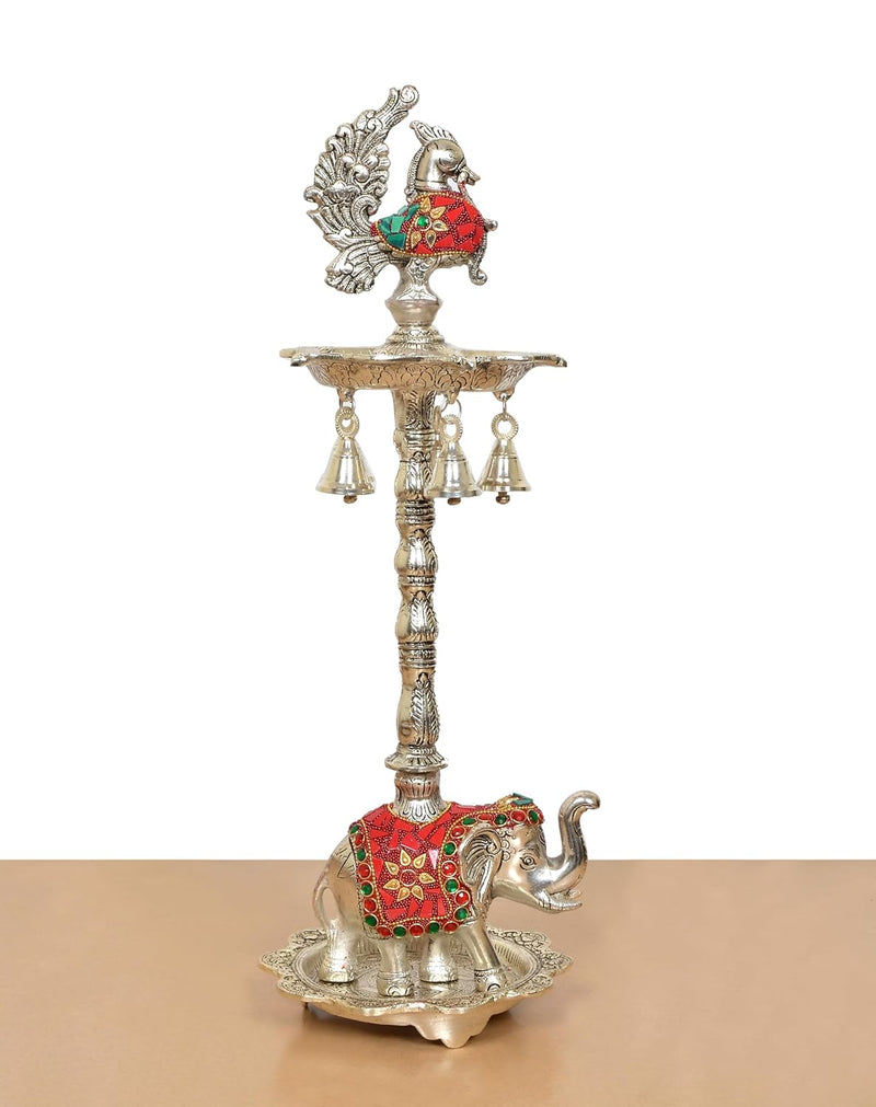 Metal Silver Peacock Oil Lamp Diya Stand (Height: 19 Inch)