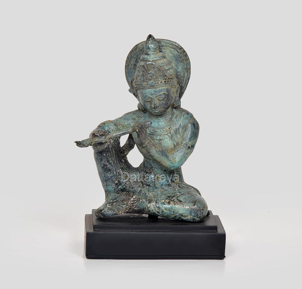 Vintage Indonesian Bronze Krishna Sitting Statue with Flute (Height 7 Inch) Mandir Setting