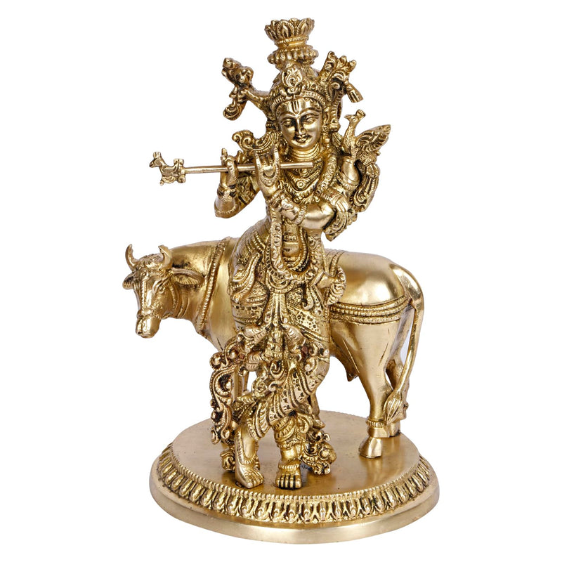 Brass Krishna with Cow Statue (Height: 10 Inches)
