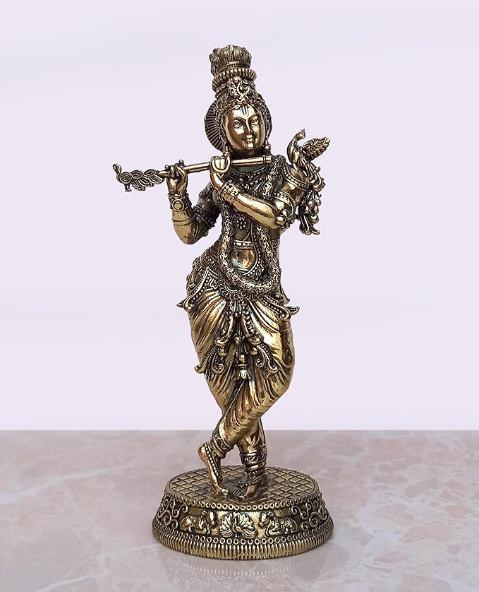 Super Fine Brass Lord Krishna Idol Figurine Sculpture Playing Flute Statue Decorative Showpiece, (Height 5.5 Inch)