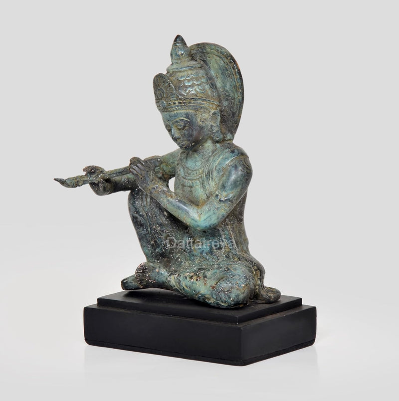 Vintage Indonesian Bronze Krishna Sitting Statue with Flute (Height 7 Inch)