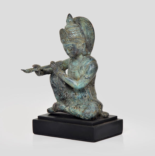 Vintage Indonesian Bronze Krishna Sitting Statue with Flute (Height 7 Inch) Entryway Setting
