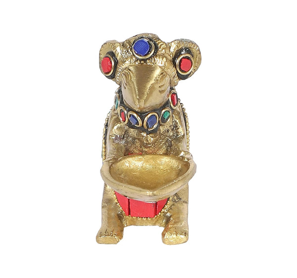 Brass Ganesha Mouse Holding Oil Lamp Diya Statue (Height 2.5 inches) Study Setting