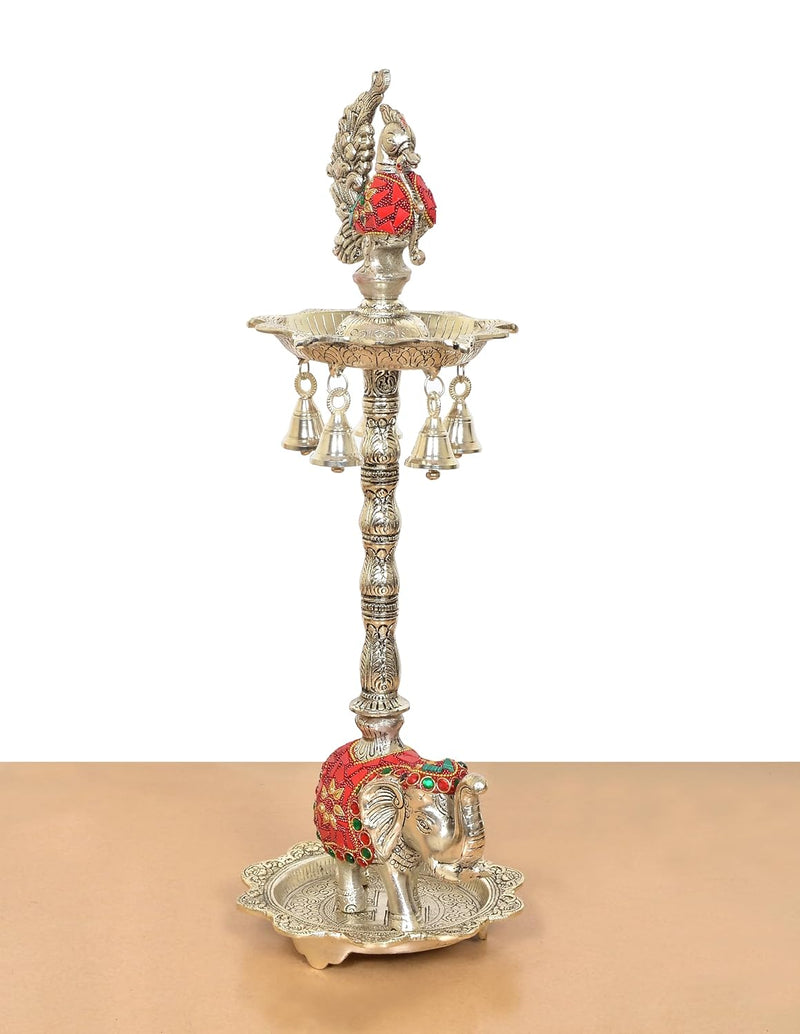 Metal Silver Peacock Oil Lamp Diya Stand (Height: 19 Inch)
