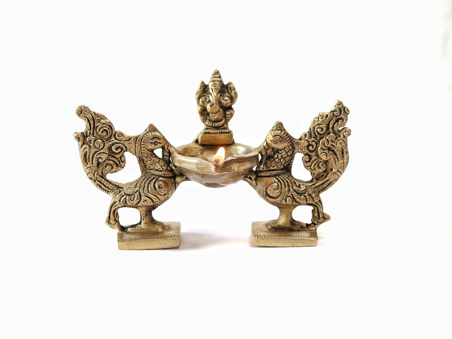 Brass Lord Ganesha Lamp diya with Peacock Duo (Height: 4 inches) Craft Detail